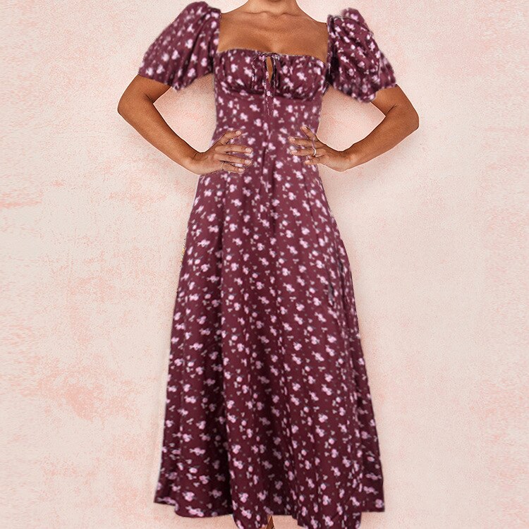 Floral Print Puff Short Sleeve Dress For Women Elegant Lace Up High Split Party Long Dresses