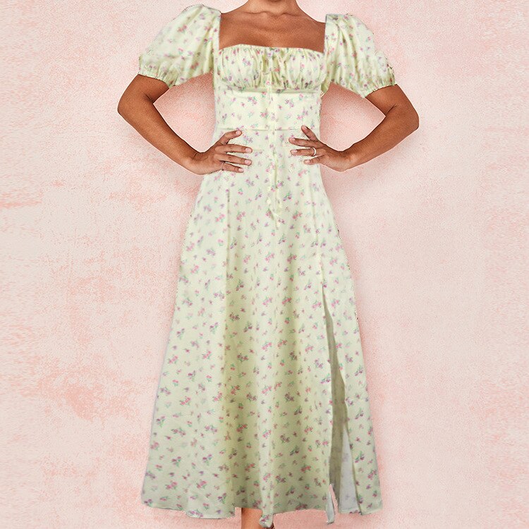 Floral Print Puff Short Sleeve Dress For Women Elegant Lace Up High Split Party Long Dresses