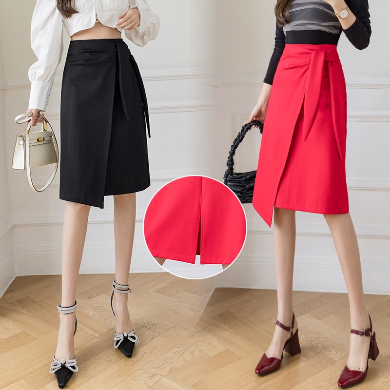 Autumn Winter Women's Mid-Length Elegant Casual High-waist Asymmetrical Hip-Wrapped Nylon Cotton Skirt Faldas Mujer Faldas