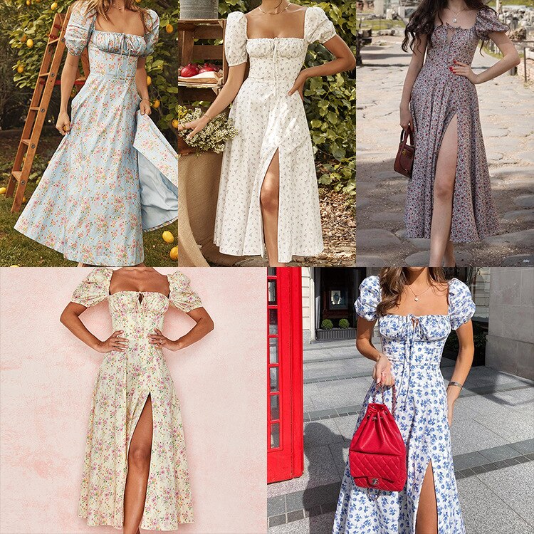 Floral Print Puff Short Sleeve Dress For Women Elegant Lace Up High Split Party Long Dresses