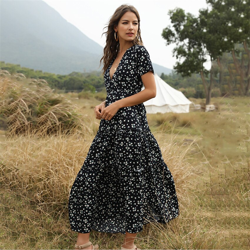 Floral Print Elegant Boho Long Dress Ruffle Short-Sleeve V-neck Sexy Party Robe
