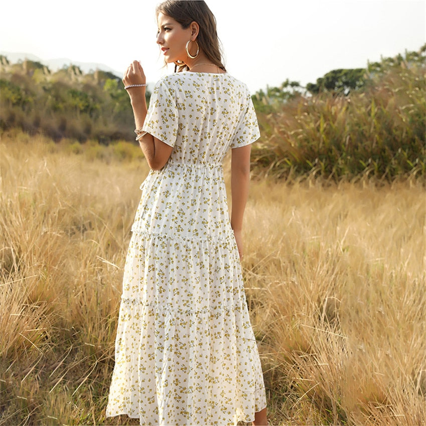 Floral Print Elegant Boho Long Dress Ruffle Short-Sleeve V-neck Sexy Party Robe