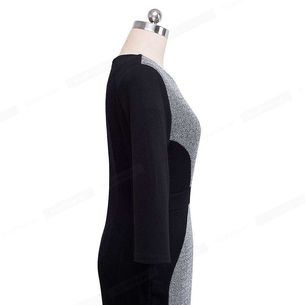 Retro Contrast Patchwork Wear to Work Business vestidos Office Bodycon Zipper Sheath Female