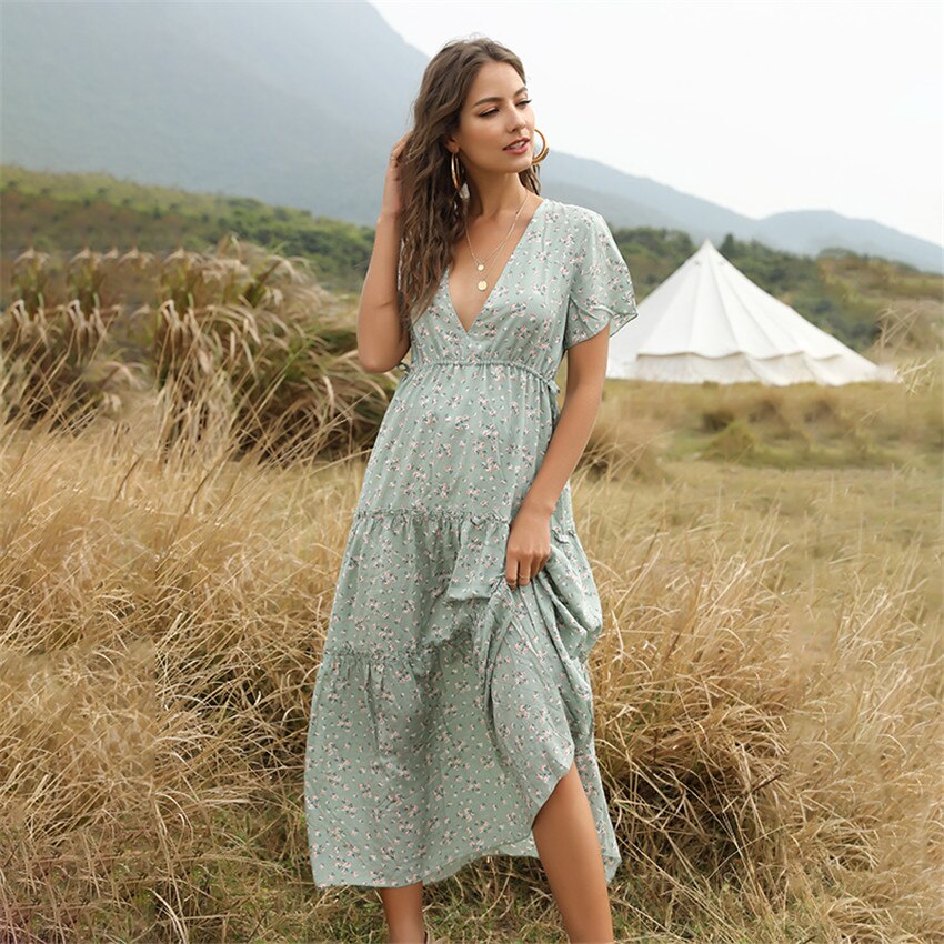 Floral Print Elegant Boho Long Dress Ruffle Short-Sleeve V-neck Sexy Party Robe