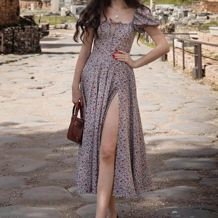 Floral Print Puff Short Sleeve Dress For Women Elegant Lace Up High Split Party Long Dresses