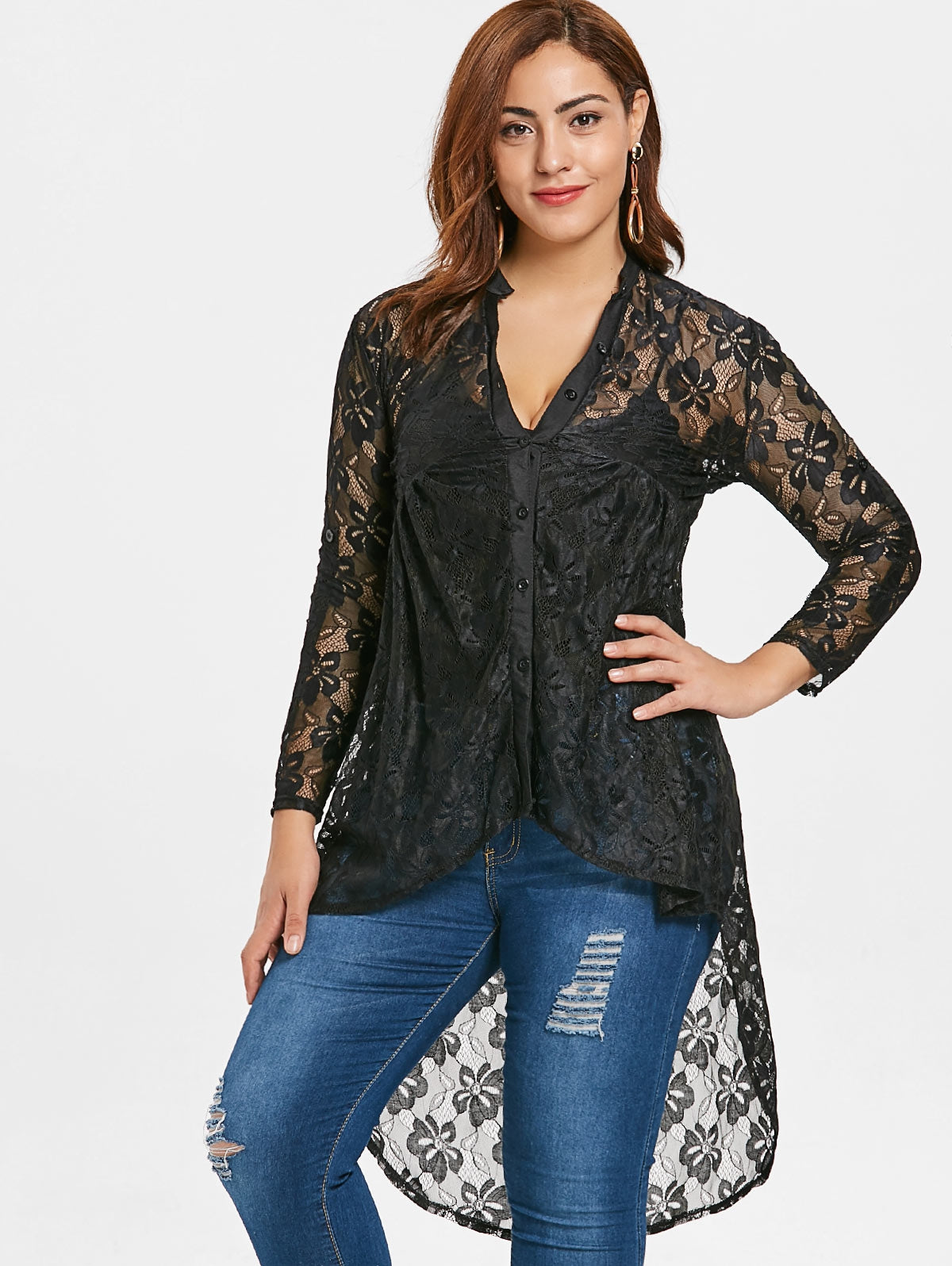 Plus Size Button Up High Low Lace Blouse