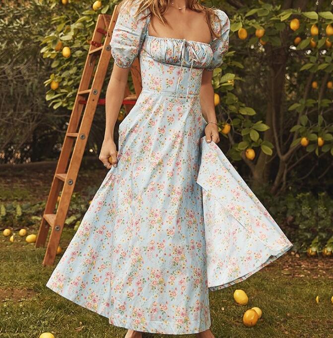 Floral Print Puff Short Sleeve Dress For Women Elegant Lace Up High Split Party Long Dresses