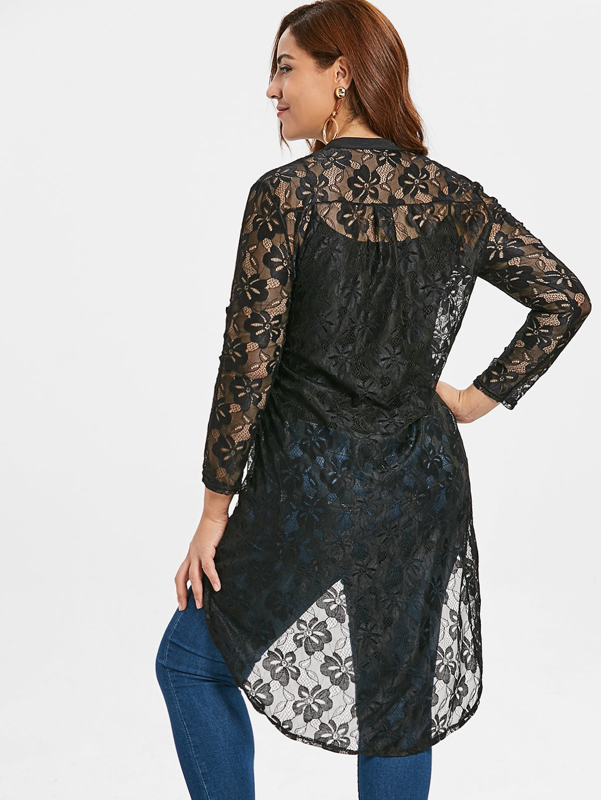 Plus Size Button Up High Low Lace Blouse