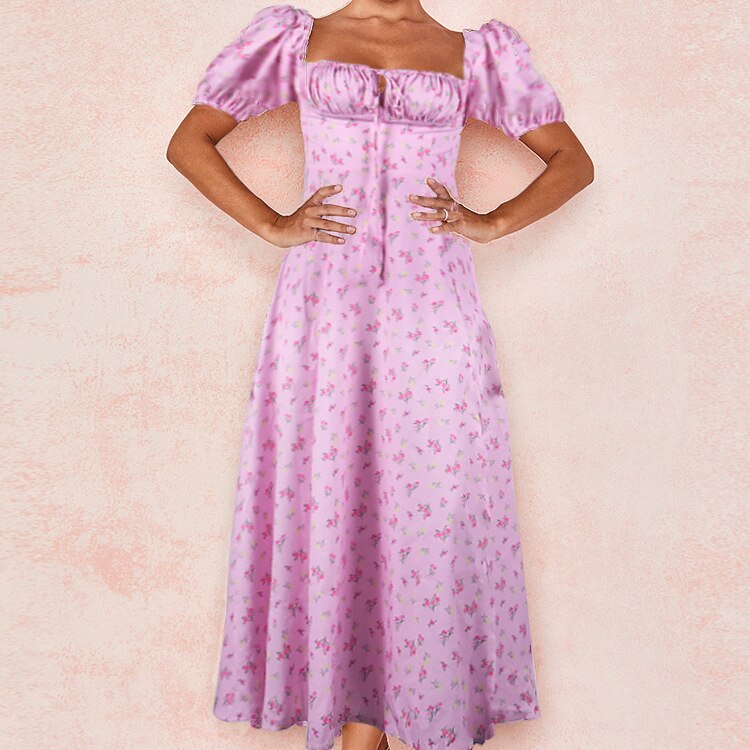 Floral Print Puff Short Sleeve Dress For Women Elegant Lace Up High Split Party Long Dresses