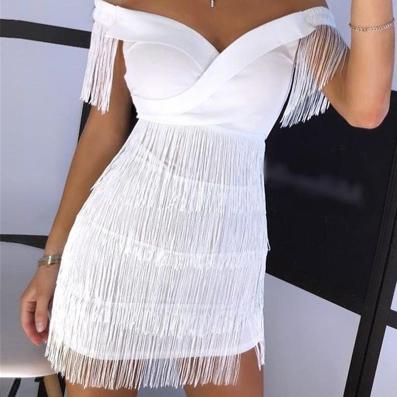 Sexy Sleeveless Bodycon Mini Dress Women White Off Shoulder Tassel Female Short Dress