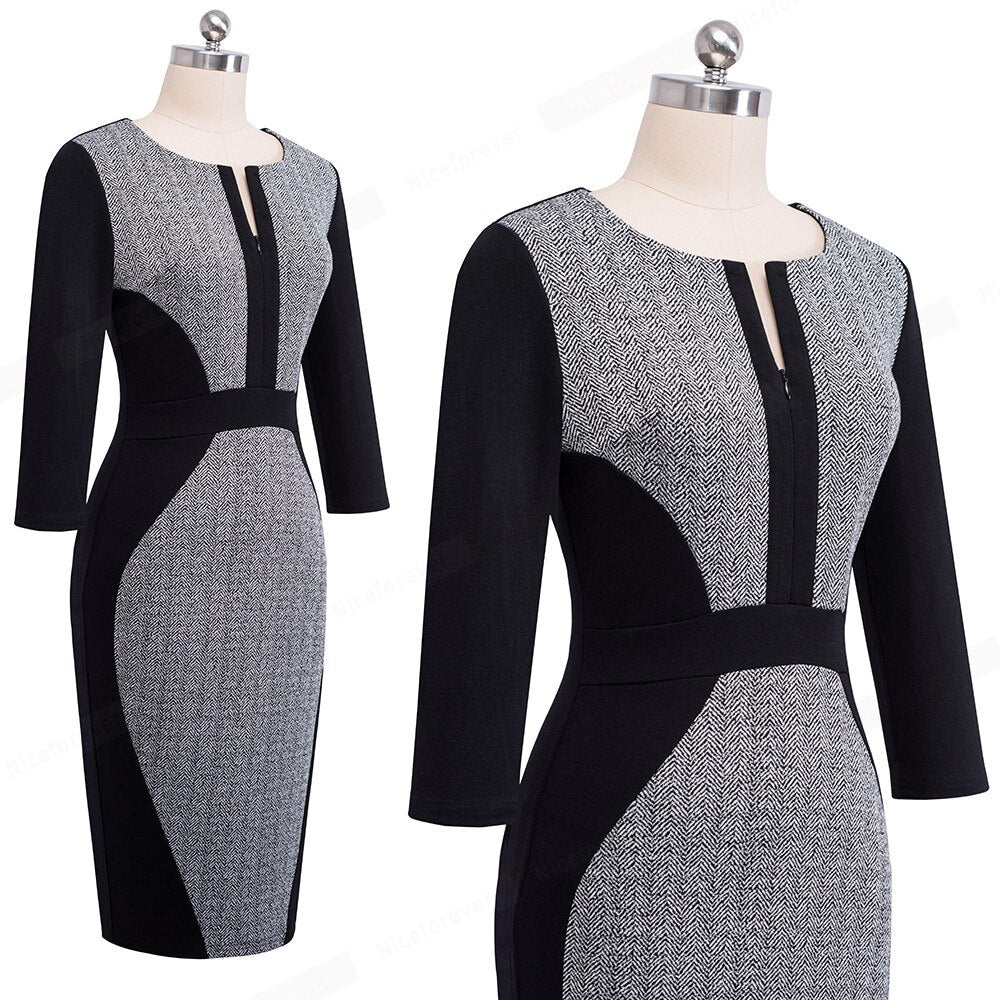 Retro Contrast Patchwork Wear to Work Business vestidos Office Bodycon Zipper Sheath Female