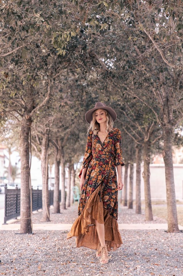 Autumn New Floor Length Dress Women's Long Sleeve Floral Vintage Irregular Maxi And Mujer Chic Wrap Dress