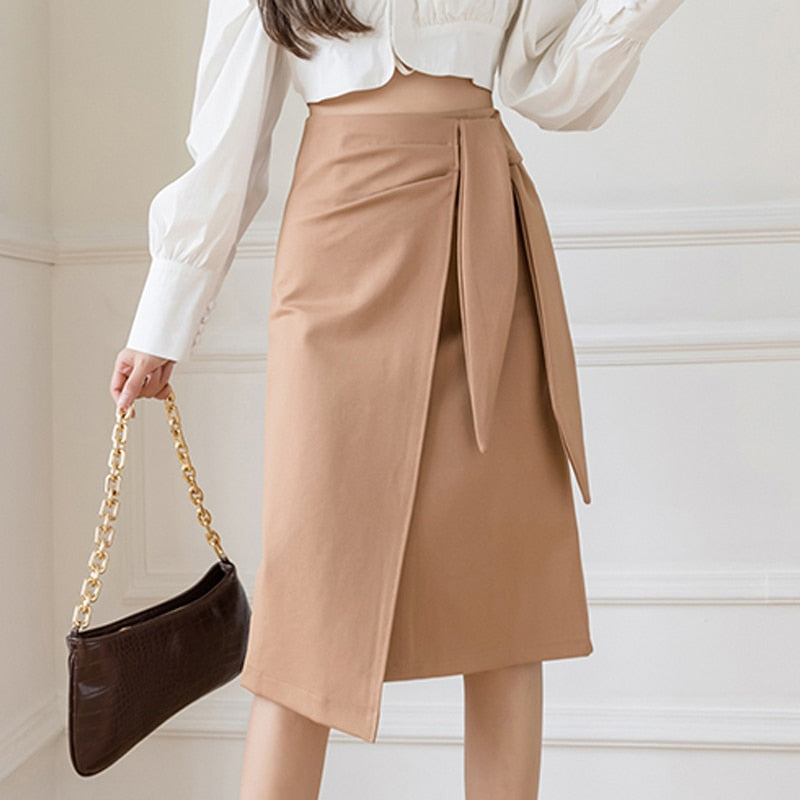 Autumn Winter Women's Mid-Length Elegant Casual High-waist Asymmetrical Hip-Wrapped Nylon Cotton Skirt Faldas Mujer Faldas