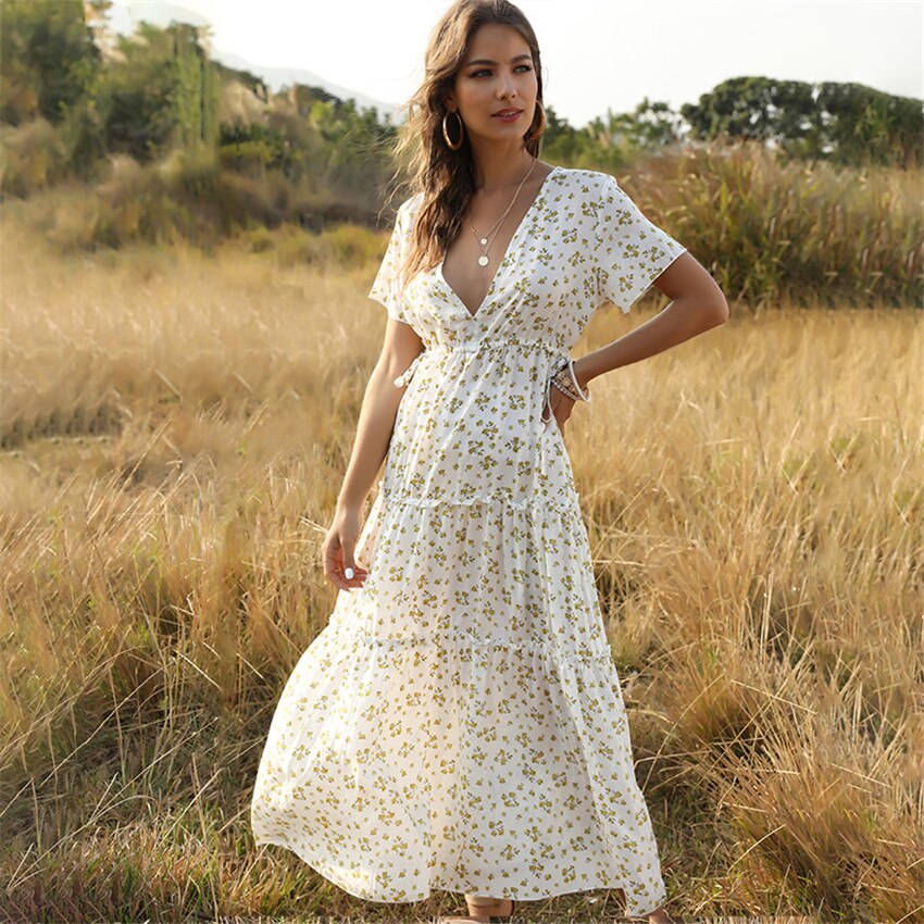 Floral Print Elegant Boho Long Dress Ruffle Short-Sleeve V-neck Sexy Party Robe