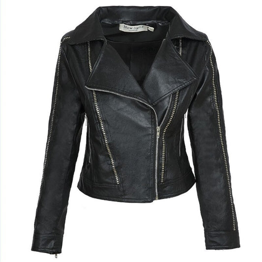 Women's Black Faux Leather Jackets Zipper Basic Coat Turn-down Collar Pilot Motorcycle Outerwear