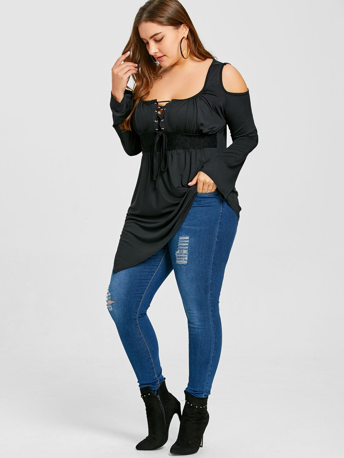 Plus Size Cold Shoulder Lace Up Asymmetrical Dress