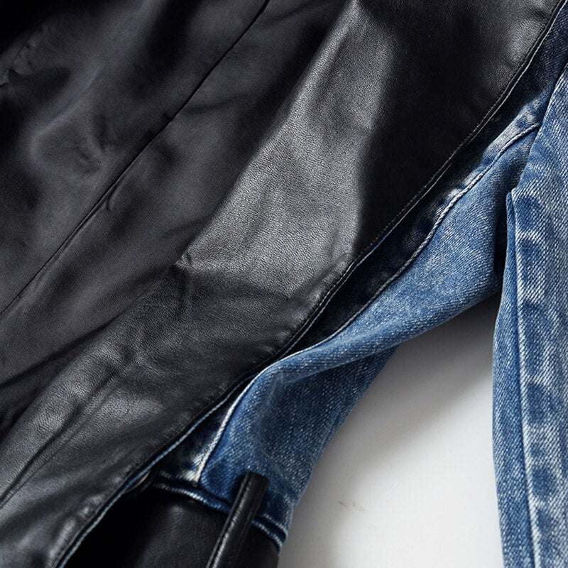 Denim Patchwork PU Blazer For Women Notched Long Sleeve Casual Blazers Female
