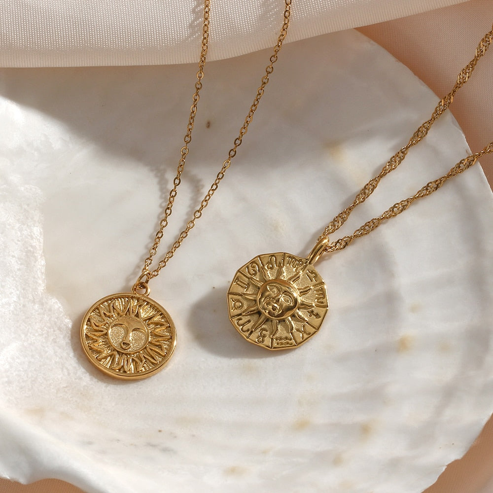 Casting Stereoscopic Sun Coin Necklace Stainless Steel Gold  Sign Sun Necklace For Women