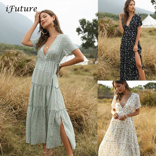 Floral Print Elegant  Boho Long Dress Ruffle Short-Sleeve V-neck Sexy Party Robe