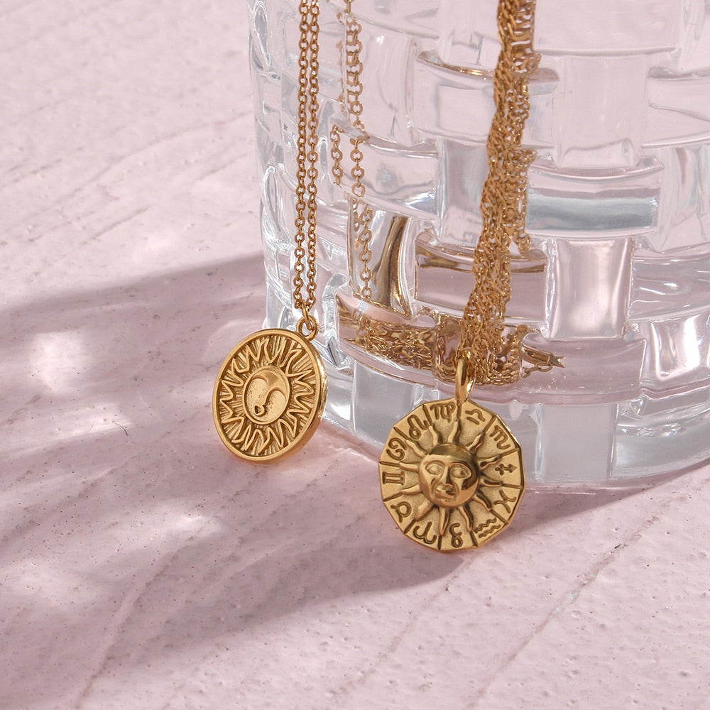 Casting Stereoscopic Sun Coin Necklace Stainless Steel Gold  Sign Sun Necklace For Women