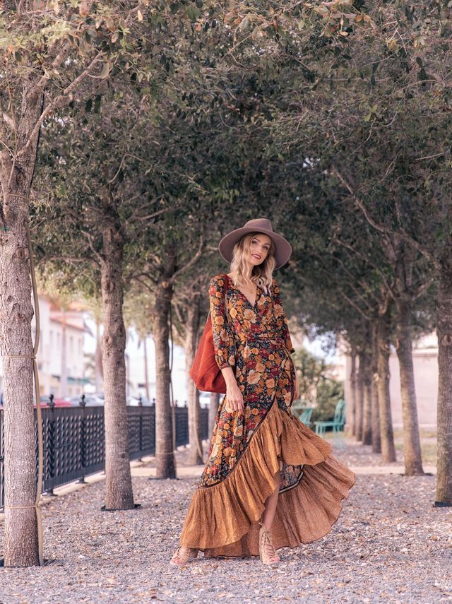Autumn New Floor Length Dress Women's Long Sleeve Floral Vintage Irregular Maxi And Mujer Chic Wrap Dress