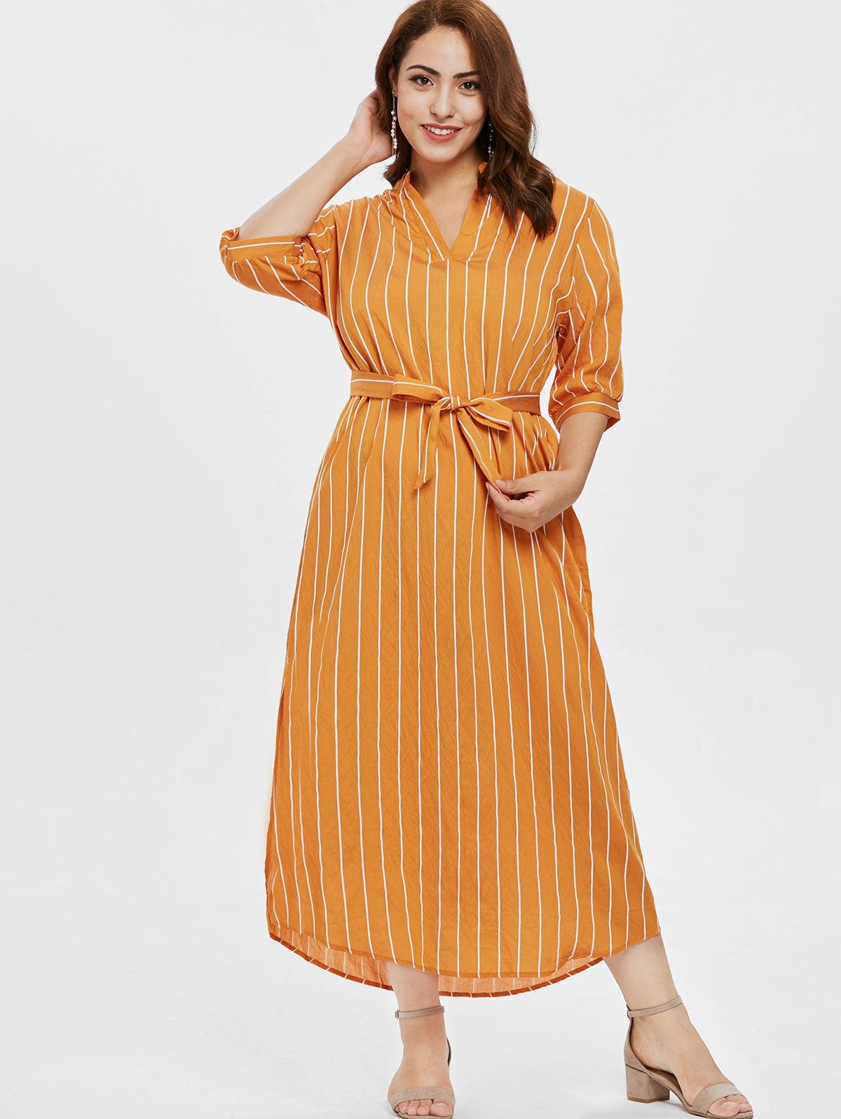 Plus Size Half Sleeve Striped Ankle Length Dress