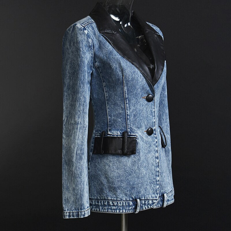 Denim Patchwork PU Blazer For Women Notched Long Sleeve Casual Blazers Female