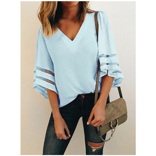 Women Casual Loose V Neck Kimono Chiffon Blouse Lady Summer Half Sleeve Solid Color Blouse Plus Size Tops