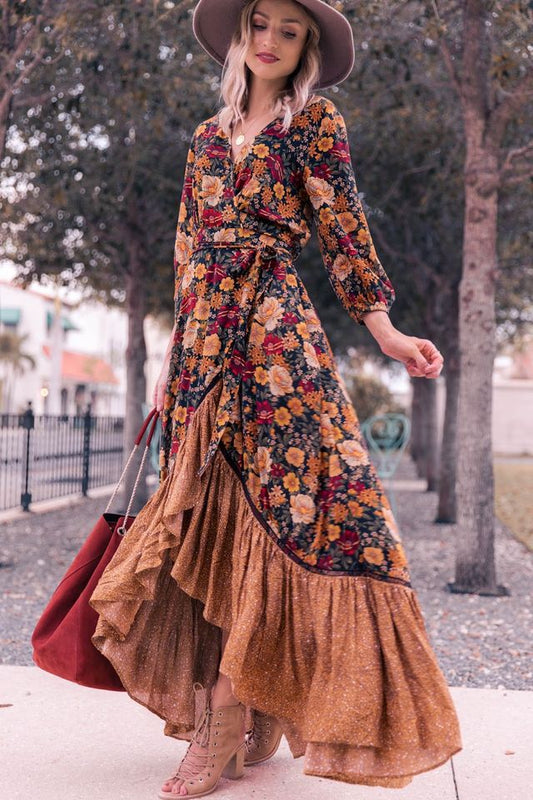 Autumn New Floor Length Dress Women's Long Sleeve Floral Vintage Irregular Maxi And Mujer Chic Wrap Dress