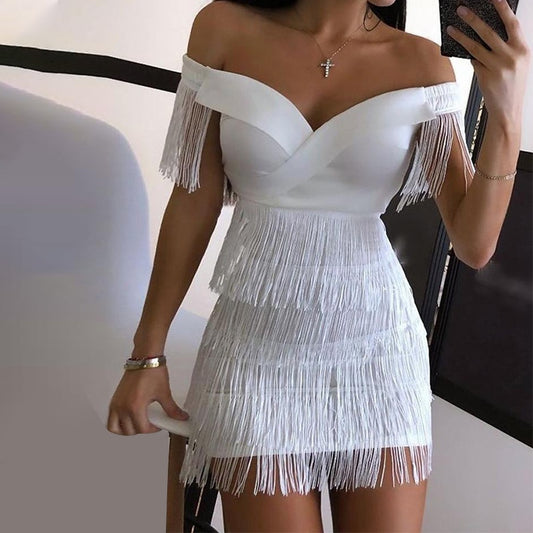 Sexy Sleeveless Bodycon Mini Dress Women White Off Shoulder Tassel Female Short Dress