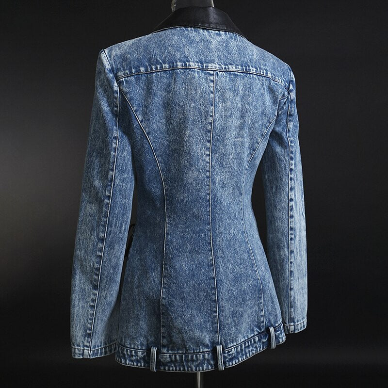 Denim Patchwork PU Blazer For Women Notched Long Sleeve Casual Blazers Female