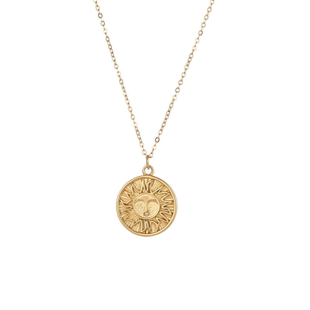 Casting Stereoscopic Sun Coin Necklace Stainless Steel Gold  Sign Sun Necklace For Women