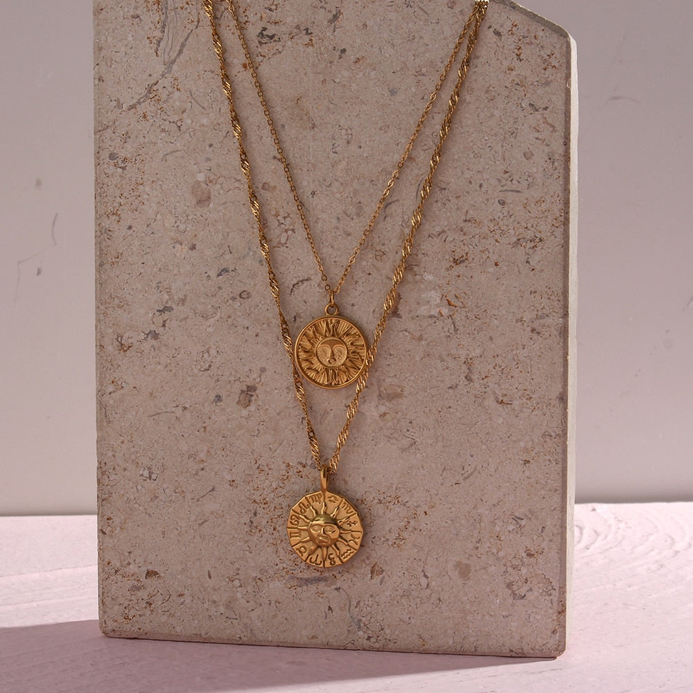 Casting Stereoscopic Sun Coin Necklace Stainless Steel Gold  Sign Sun Necklace For Women