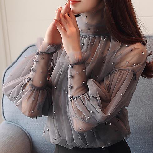 Plus Size 2XL Women Top Lantern Sleeve Blouse Beading Elegant Blouse Chiffon Pearl Shirt
