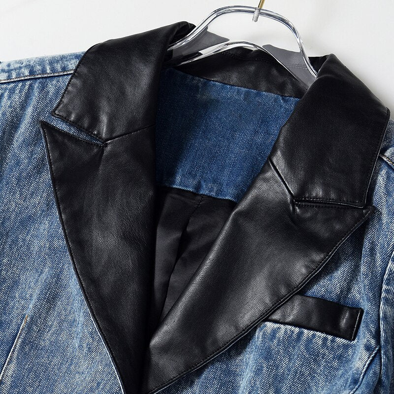 Denim Patchwork PU Blazer For Women Notched Long Sleeve Casual Blazers Female