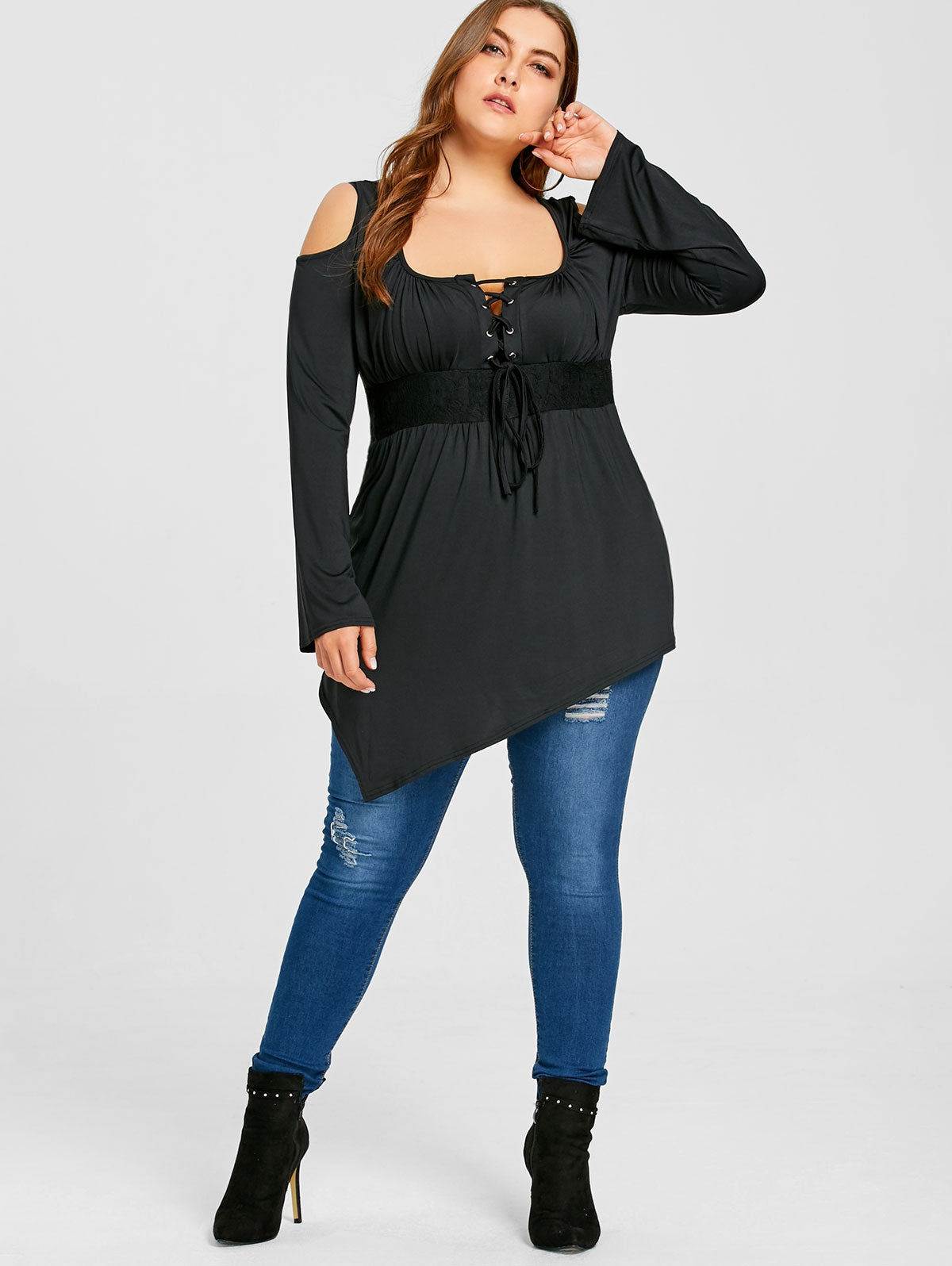 Plus Size Cold Shoulder Lace Up Asymmetrical Dress