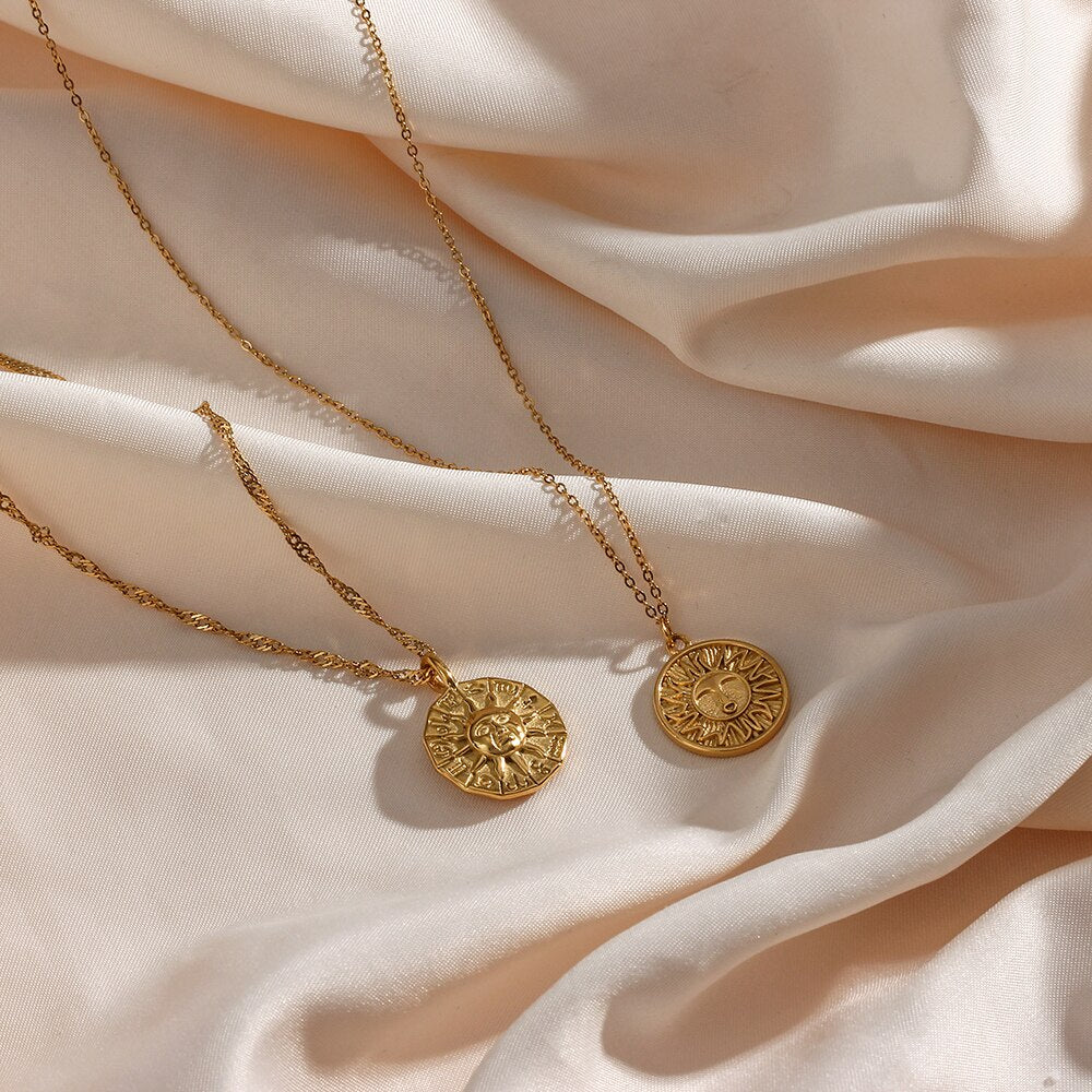 Casting Stereoscopic Sun Coin Necklace Stainless Steel Gold  Sign Sun Necklace For Women
