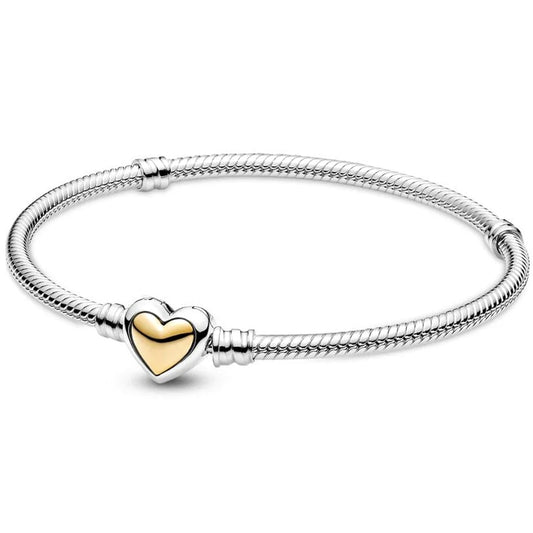Original Moments Domed Golden Heart Clasp Snake Chain Bracelet Fit copper Bead Charm Bangle Diy Europe Jewelry
