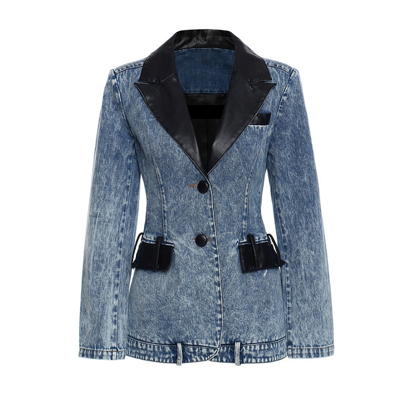 Denim Patchwork PU Blazer For Women Notched Long Sleeve Casual Blazers Female