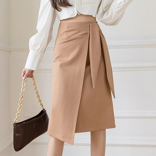 Autumn Winter Women's Mid-Length Elegant Casual High-waist Asymmetrical Hip-Wrapped Nylon Cotton Skirt Faldas Mujer Faldas