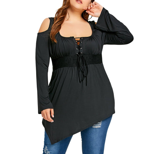 Plus Size Cold Shoulder Lace Up Asymmetrical Dress
