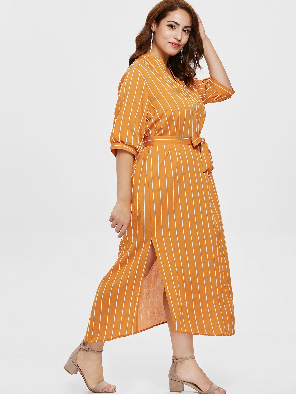 Plus Size Half Sleeve Striped Ankle Length Dress