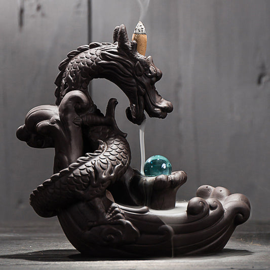 Ceramic Backflow Incense Burner Creative Home Decor Dragon Incense Holder Censer With Crystal Ball + 20Pcs Incense Cones