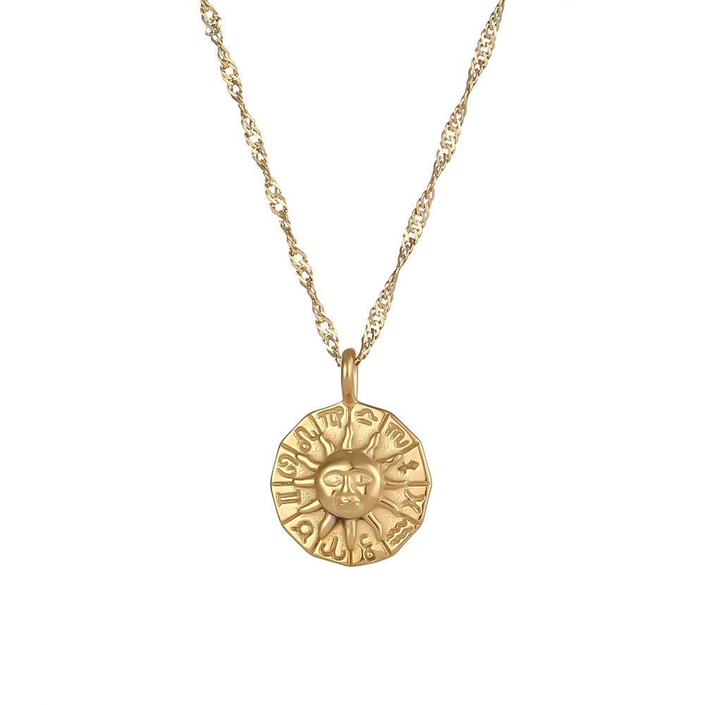 Casting Stereoscopic Sun Coin Necklace Stainless Steel Gold  Sign Sun Necklace For Women